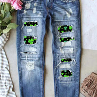 Women's Lucky Clover Print Ripped Jeans