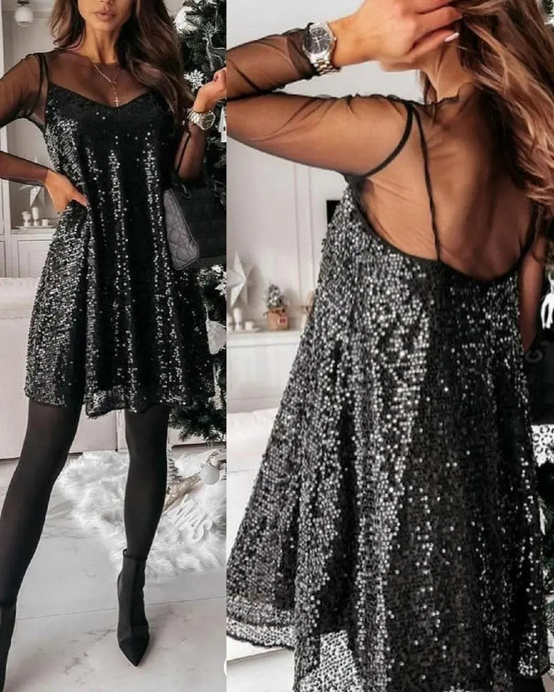 Women's Mesh Long Sleeve Sequin Party Mini Dress