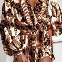 Women's New Brown Print Lace-Up Shirt Dress