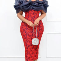 Women's Off The Shoulder Exaggerated Ruffle Lace Midi Pencil Dress