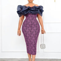 Women's Off The Shoulder Exaggerated Ruffle Lace Midi Pencil Dress