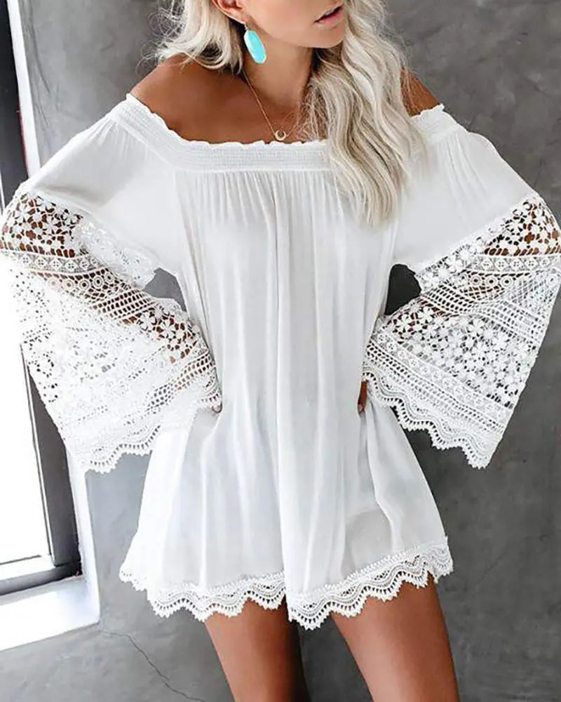 Women's Off The Shoulder Lace Bell Sleeve Mini Dress