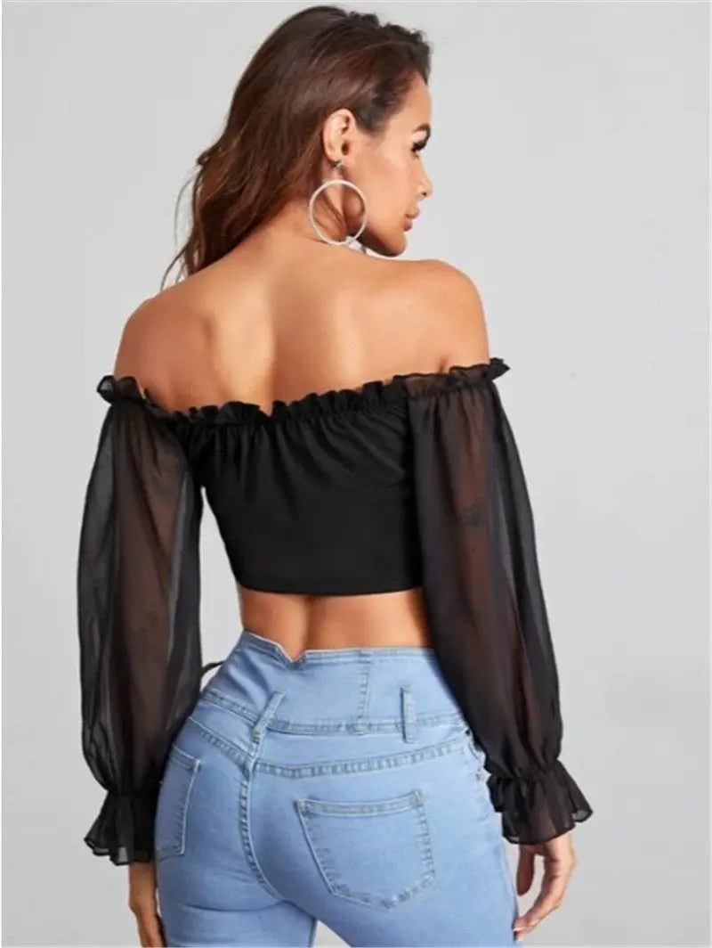 Women's Off The Shoulder Lace Up Mesh Sleeve Crop Tops