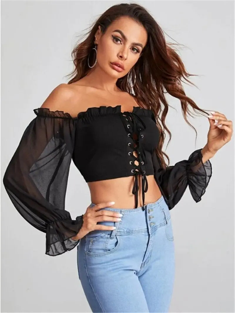 Women's Off The Shoulder Lace Up Mesh Sleeve Crop Tops