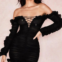 Women's Off The Shoulder Lace Up Ruched Mini Bodycon Dress