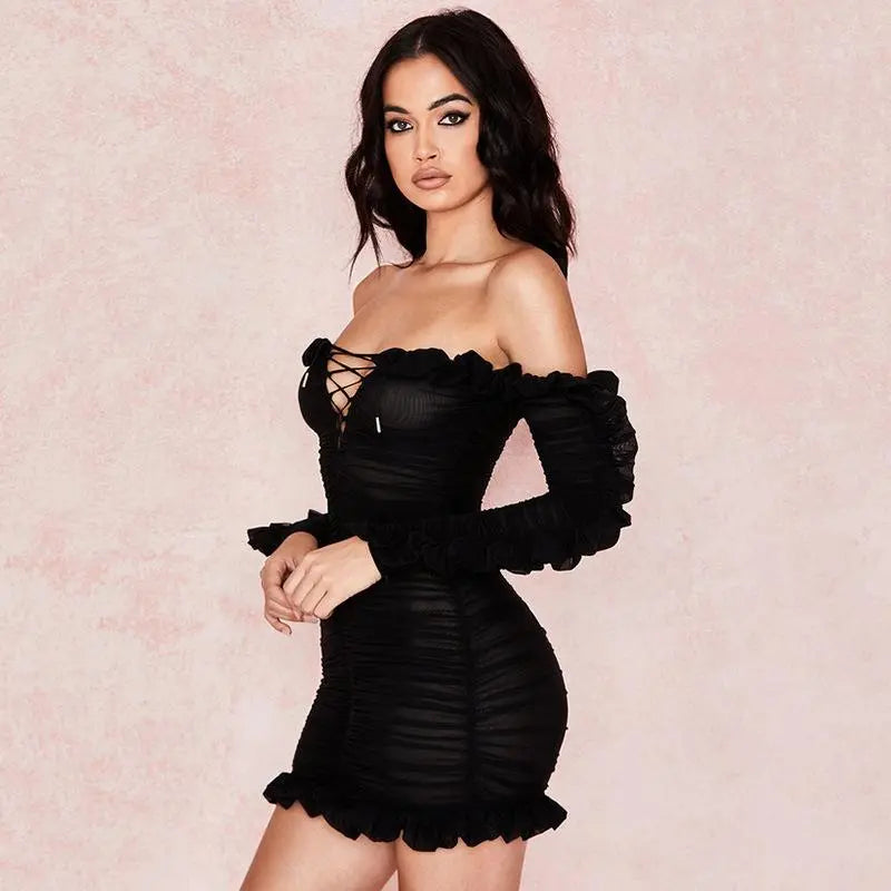 Women's Off The Shoulder Lace Up Ruched Mini Bodycon Dress