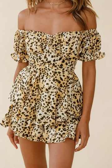 Women's Off The Shoulder Leopard Print Layered Ruffle Hem Mini Dress