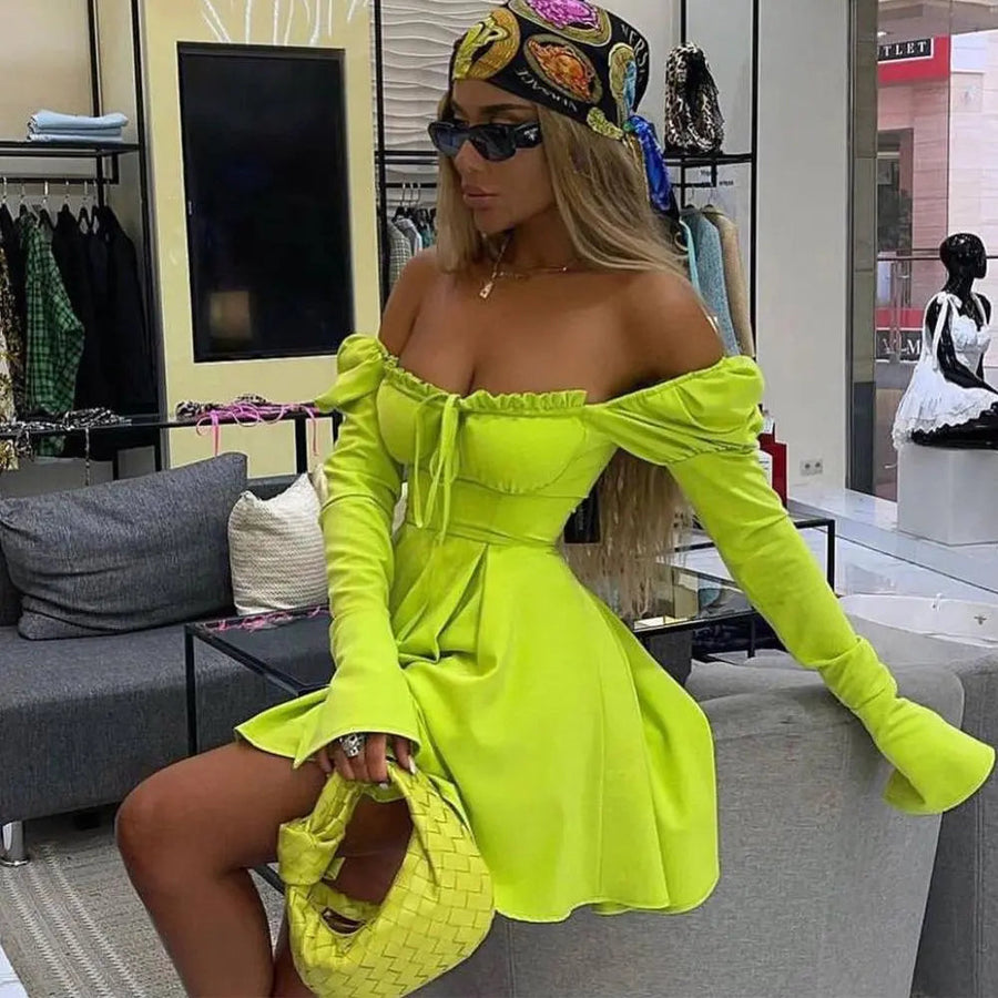 Women's Off The Shoulder Long Sleeve Ruched Bust A Line Mini Dress