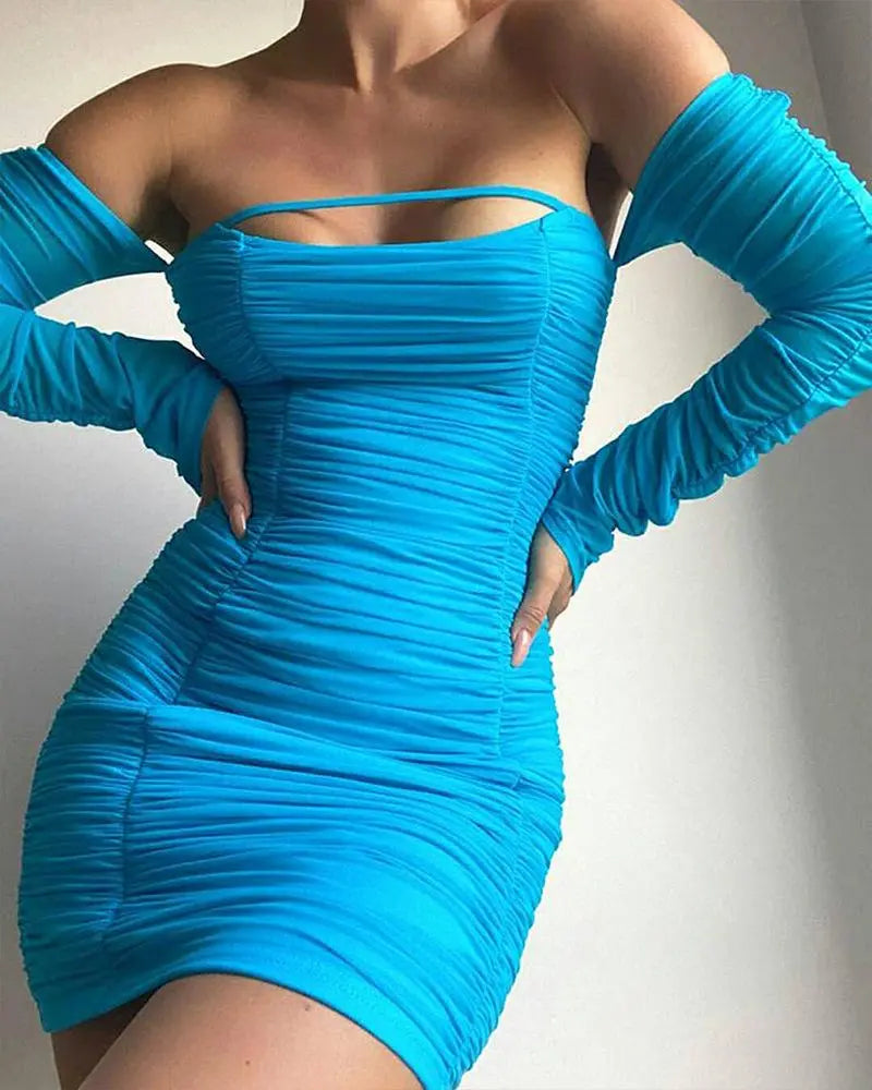 Women's Off The Shoulder Long Sleeve Ruched Mini Bodycon Dress