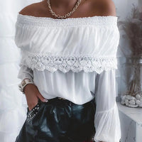 Women's Off The Shoulder Long Sleeve Shirred Lace Trim Blouses