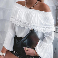Women's Off The Shoulder Long Sleeve Shirred Lace Trim Blouses