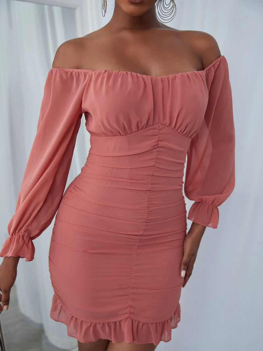 Women's Off The Shoulder Ruched Bust Long Sleeve Mini Bodycon Dress