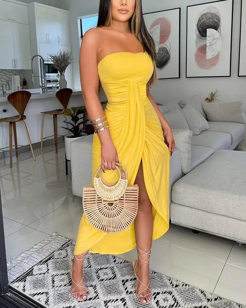 Women's Off The Shoulder Strapless Ruched Tulip Midi Dress