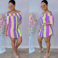 Women's Off The Shoulder Striped Half Sleeve Button Front Mini Dress