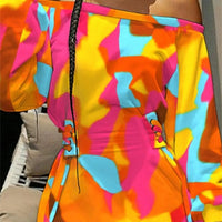Women's Off The Shoulder Tie Dye Drawstring Mini Bodycon Dress