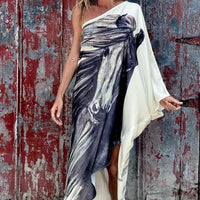 Women's One Shoulder Printed Long Sleeve Satin Midi Dress