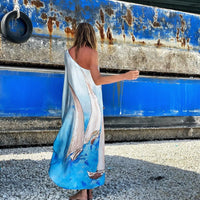 Women's One Shoulder Printed Long Sleeve Satin Midi Dress