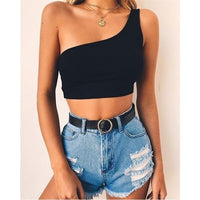 Women's One Shoulder Ribbed Knit Sleeveless Crop Tops