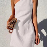 Women's One Shoulder Sleeveless Cotton And Linen Solid Mini Dress