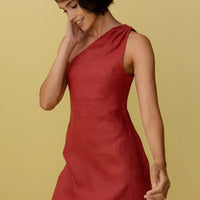 Women's One Shoulder Sleeveless Cotton And Linen Solid Mini Dress
