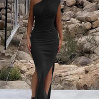 Women's One Shoulder Sleeveless Solid Split Hem Maxi Dress