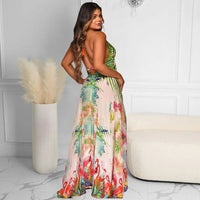 Women's Parrot Print Backless Halter Neck Plunging High Low Maxi Dress