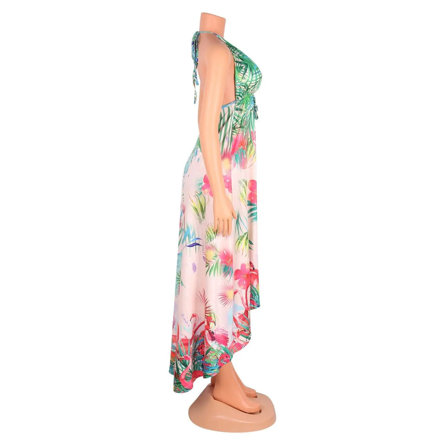 Women's Parrot Print Backless Halter Neck Plunging High Low Maxi Dress