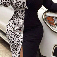 Women's Plus Color Block Leopard Print V Neck Split Midi Bodycon Dress