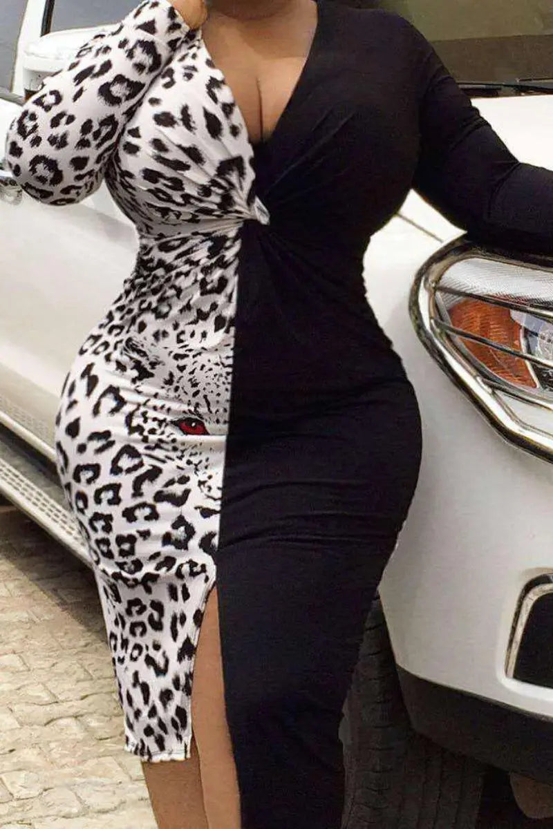 Women's Plus Color Block Leopard Print V Neck Split Midi Bodycon Dress