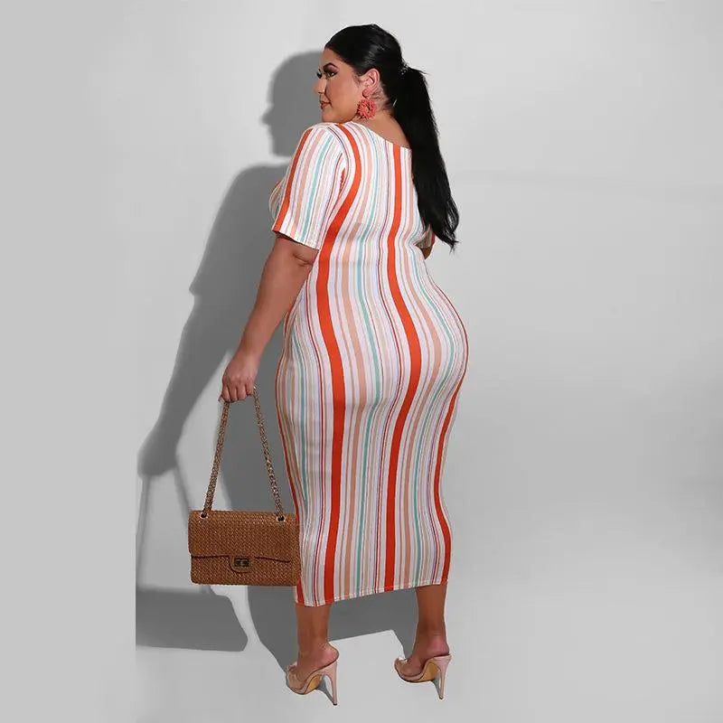 Women's Plus Size Striped Print  Short Sleeve Dress