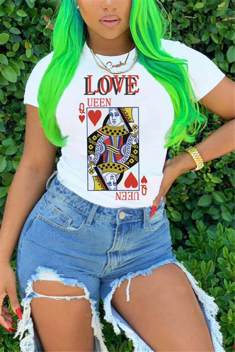 Women's Poker Card Printed Short Sleeves T-shirt Top