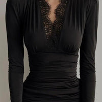 Women's Puff Sleeve Lace Trim V Neck Ruched Mini Bodycon Dress