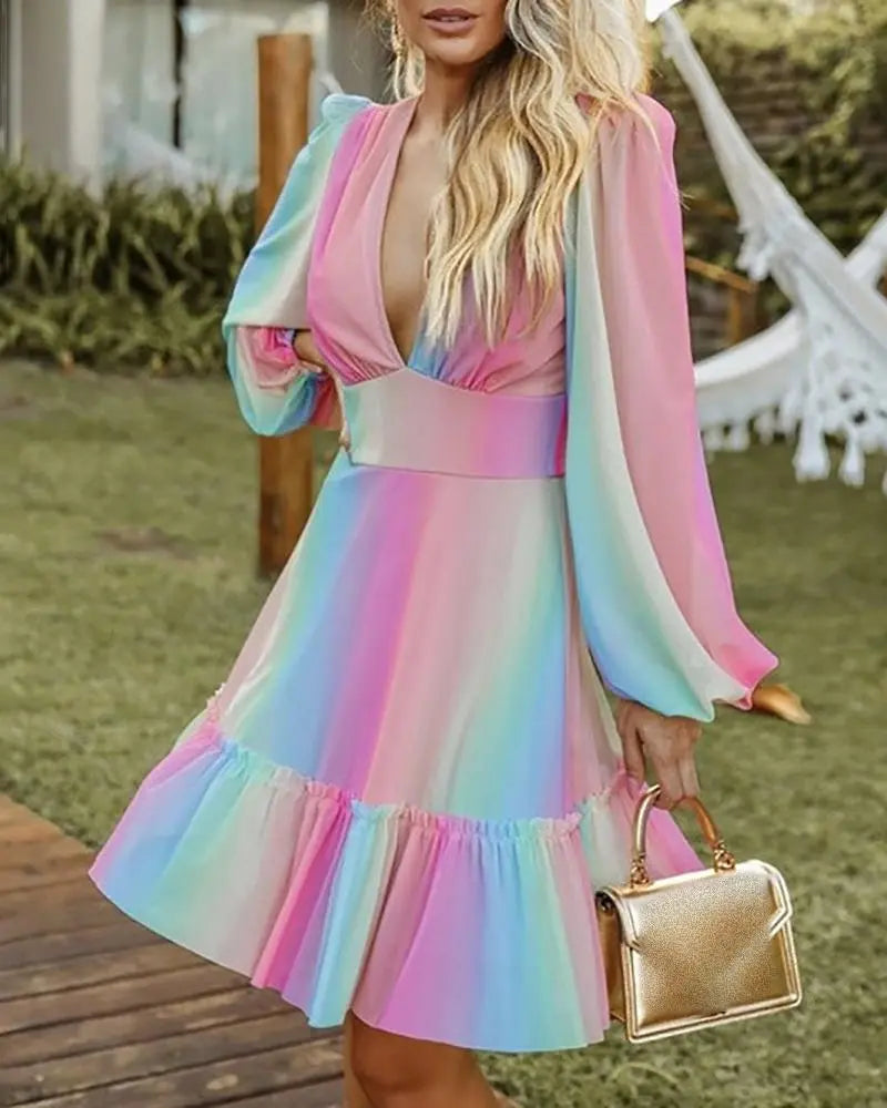Women's Rainbow Striped Lantern Sleeve Deep V Ruffle A Line Dress