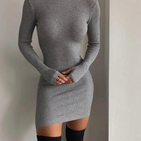 Women's Ribbed Knit Backless Mock Neck Bodycon Sweater Dress