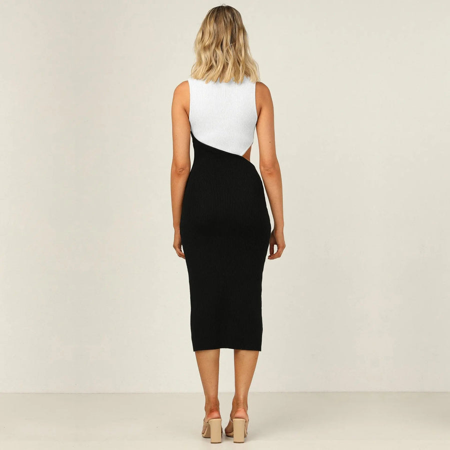 Women's Ribbed Knit Color Block Sleeveless Cut Out Tank Bodycon Dress