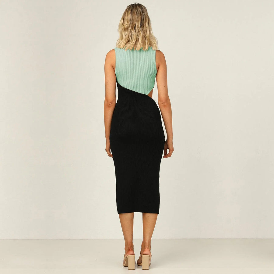 Women's Ribbed Knit Color Block Sleeveless Cut Out Tank Bodycon Dress