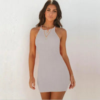 Women's Ribbed Knit Sleeveless Halter Neck Mini Bodycon Dress