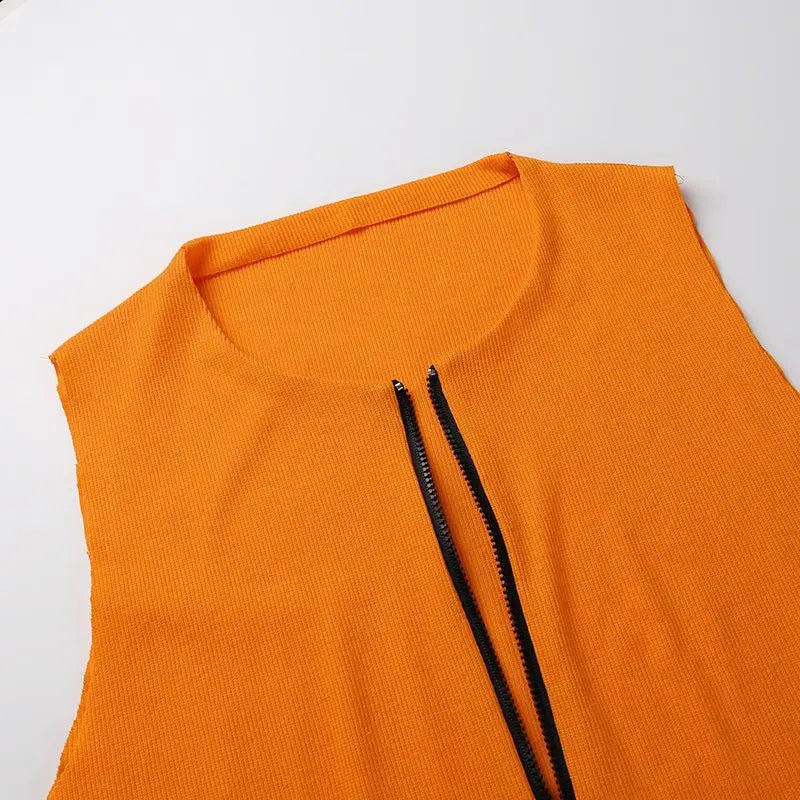 Women's Ribbed Knit Sleeveless Zipper Up Split Midi Bodycon Dress