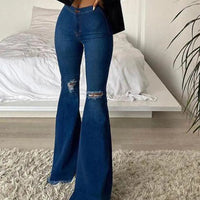 Women's Ripped Raw Hem Low-Rise Denim Flared Jeans