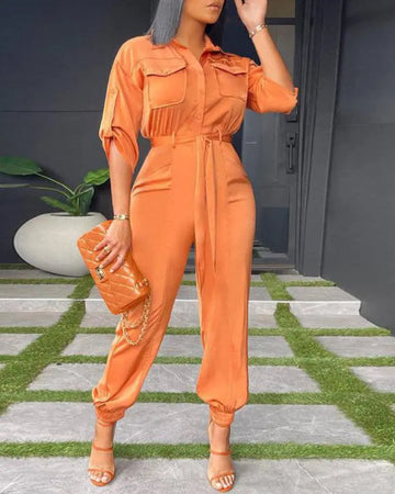 Women's Rolled Up Sleeve Button Front Belted Cargo Jumpsuit