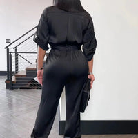 Women's Rolled Up Sleeve Button Front Belted Cargo Jumpsuit