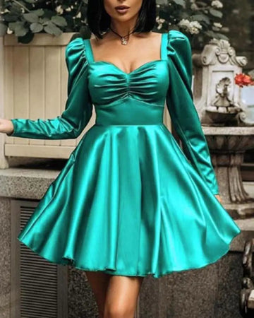 Women's Ruched Bust Puff Sleeve High Waist A Line Party Mini Dress