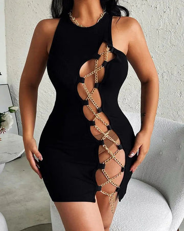 Women's Cut Out Criss Cross Chain Sleeveless Mini Bodycon Dress