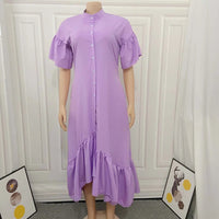 Women's Short Sleeve Button Down High Low Ruffle Hem Maxi Dress