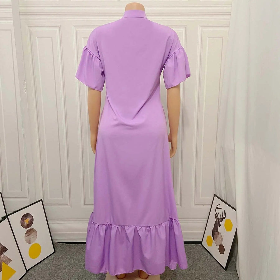 Women's Short Sleeve Button Down High Low Ruffle Hem Maxi Dress