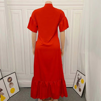 Women's Short Sleeve Button Down High Low Ruffle Hem Maxi Dress