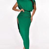 Women's Shoulder Pads V Cut Back High Split Party Maxi Dress