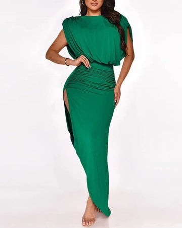 Women's Shoulder Pads V Cut Back High Split Party Maxi Dress