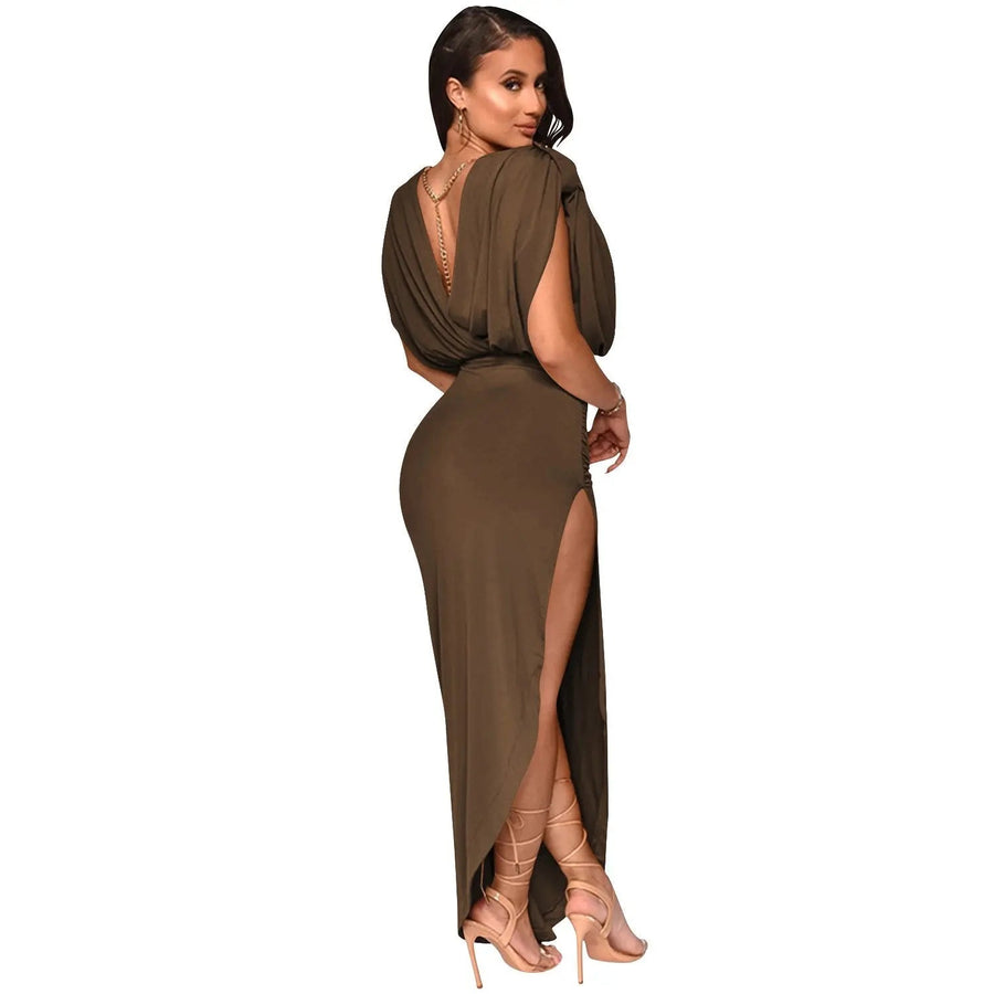 Women's Shoulder Pads V Cut Back High Split Party Maxi Dress