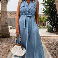 Women's Sleeveless Button Front Belted Denim Midi Dress With Pockets